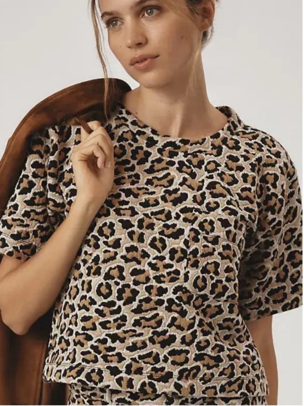 Anthropologie Maeve Cropped Leopard Print Boxy T-Shirt in Tan Sz XXS